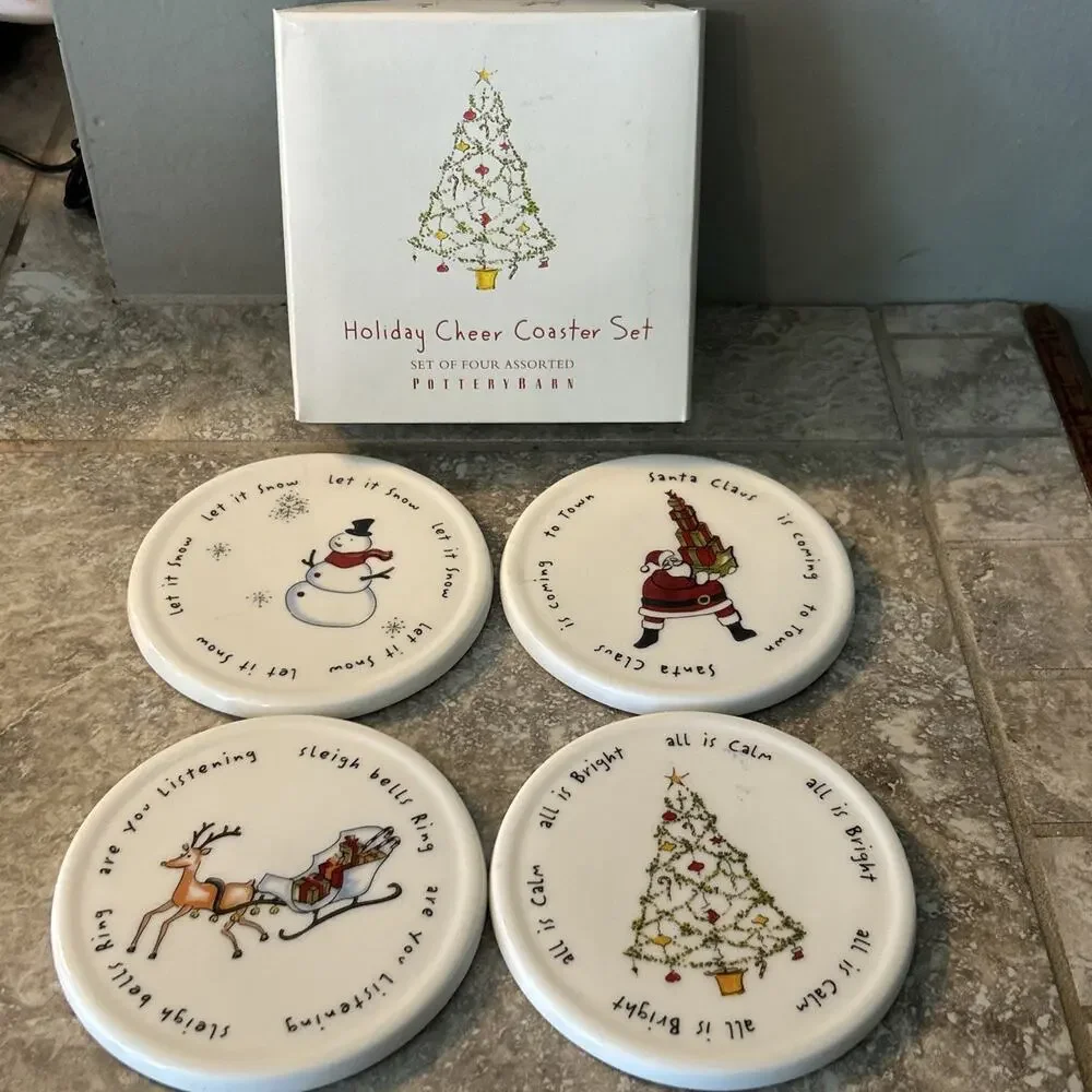 Pottery Barn Holiday Cheer Christmas Coasters Set of 4 Original Box